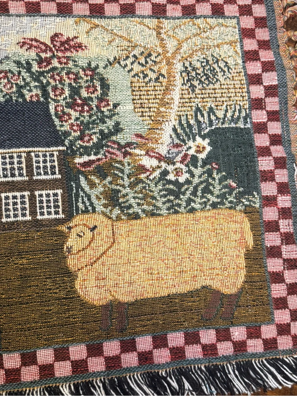 Cottagecore Farmhouse Rug Woven Folk Art Sheep Chicken Rustic Heritage Grandma